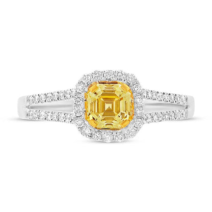 Asscher Cut Center and 0.32ct Side 18k Two-tone Gold Natural Yellow Diamond Ring - 0.63ct
