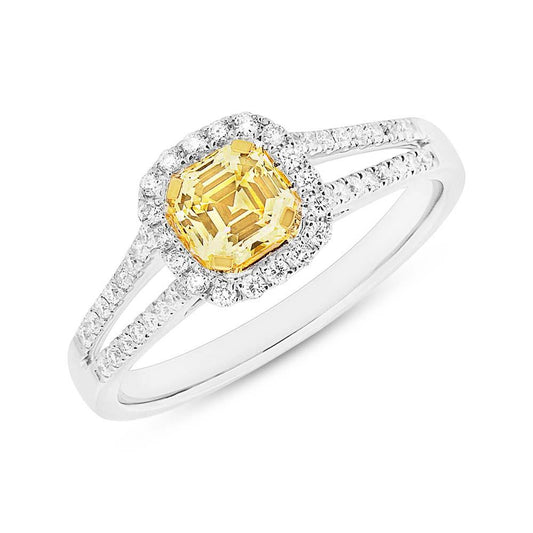 Asscher Cut Center and 0.32ct Side 18k Two-tone Gold Natural Yellow Diamond Ring - 0.63ct