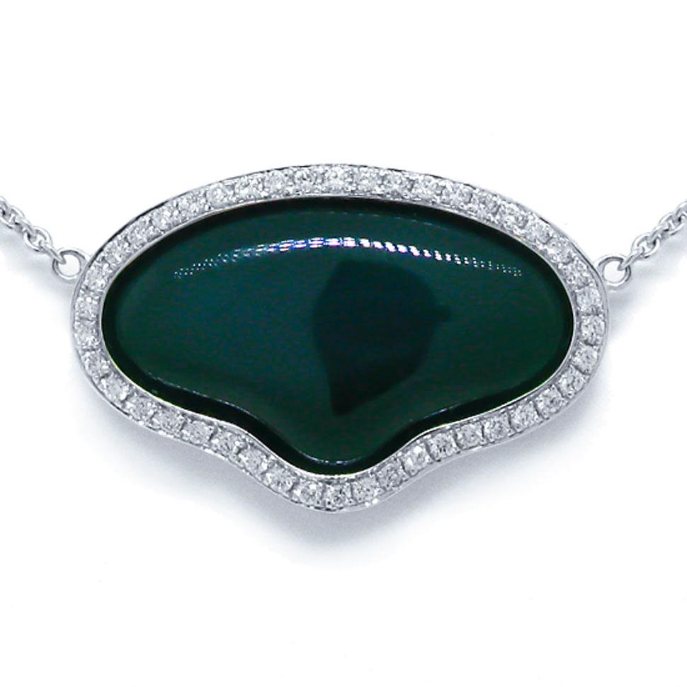 Diamond & 11.75ct Green Agate 14k White Gold Necklace - 0.34ct