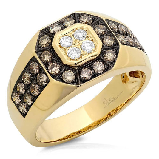 14k Yellow Gold White & Champagne Diamond Men's Ring - 1.18ct