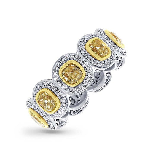 Cushion Cut Centers and 0.86ct Side 18k Two-Tone Gold Natural Yellow Diamond Ring - 4.64ct