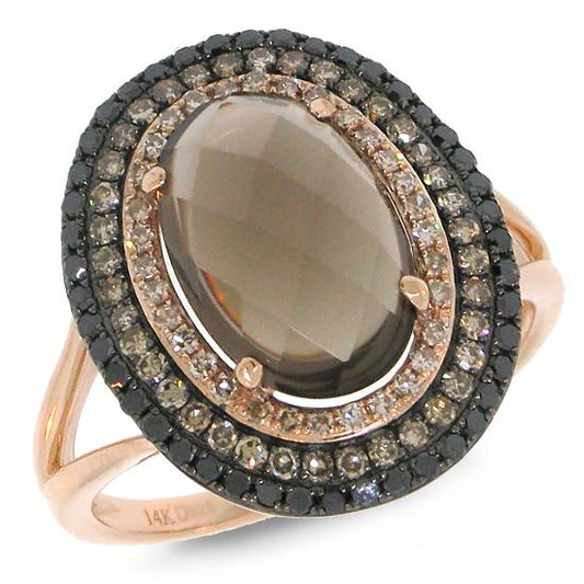 White, Champagne & Black Diamond & 2.93ct Smokey Topaz 14k Rose Gold Ring - 0.60ct
