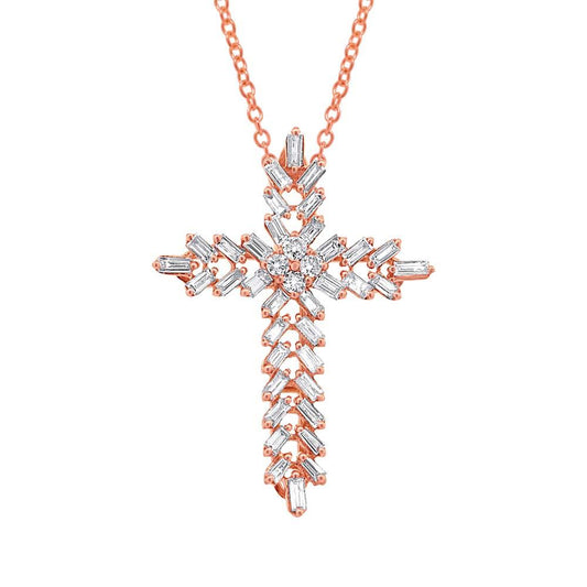 18k Rose Gold Diamond Baguette Cross Pendant - 0.50ct