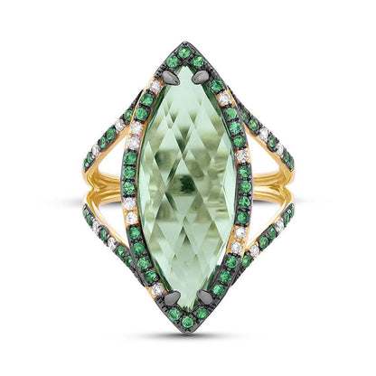 Diamond & 6.79ct Green Amethyst & Green Garnet 14k Yellow Gold Ring - 0.15ct