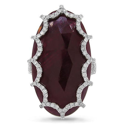 Diamond & 21.57ct Flat Rose Cut Ruby 18k White Gold Ring - 0.69ct
