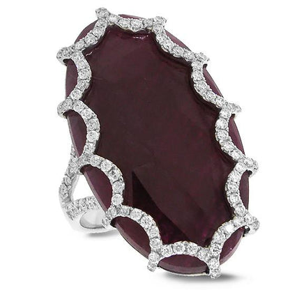 Diamond & 21.57ct Flat Rose Cut Ruby 18k White Gold Ring - 0.69ct