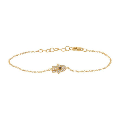 Diamond & 0.01ct Blue Sapphire 14k Yellow Gold Hamsa Bracelet