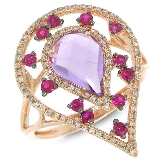 Diamond & 1.98ct Amethyst & Pink Sapphire 14k Rose Gold Ring - 0.22ct