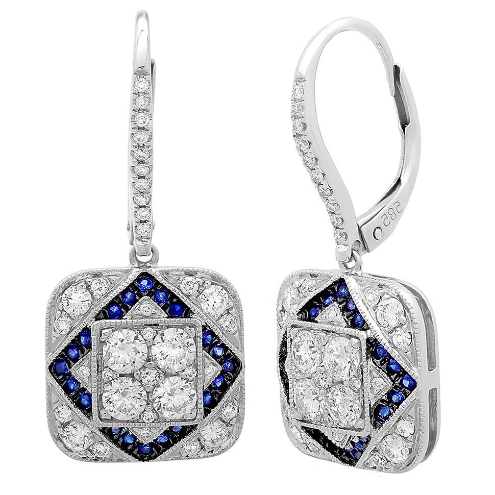 Diamond & 0.26ct Blue Sapphire 14k White Gold Earring - 1.11ct