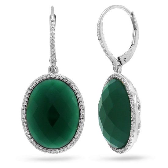 Diamond & 14.25ct Green Agate 14k White Gold Earring - 0.38ct