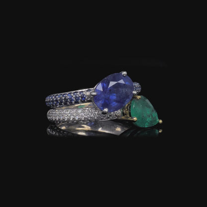 Sapphire Ring 18k White Gold Diamond with Emerald Birthstone V0318