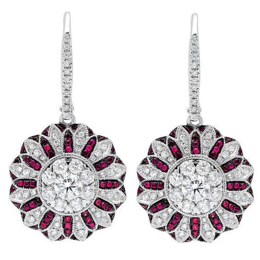 Diamond & 0.29ct Ruby 14k White Gold Earring - 1.48ct