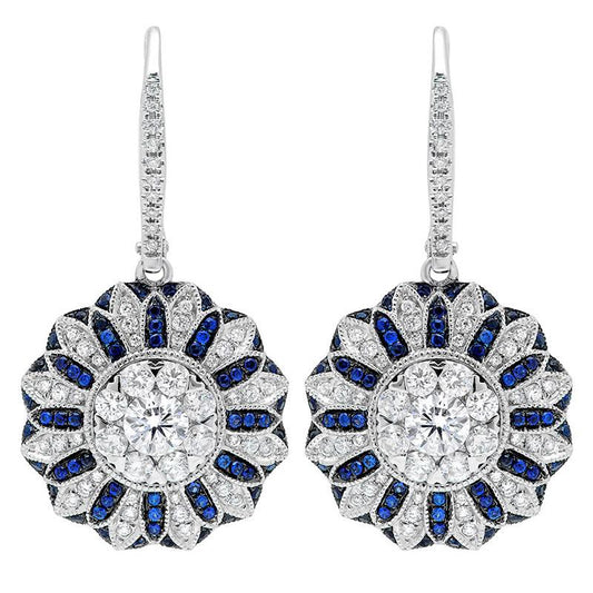 Diamond & 0.43ct Blue Sapphire 14k White Gold Earring - 1.48ct