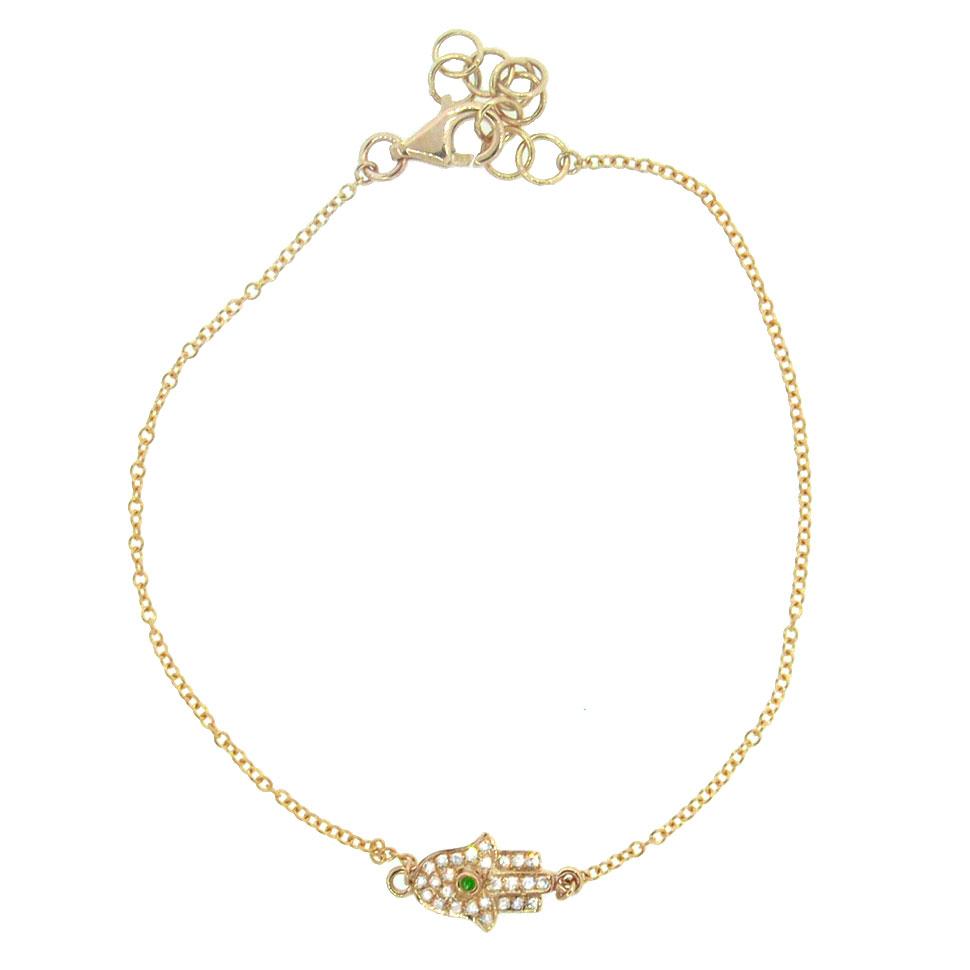 Diamond & 0.01ct Emerald 14k Yellow Gold Hamsa Bracelet