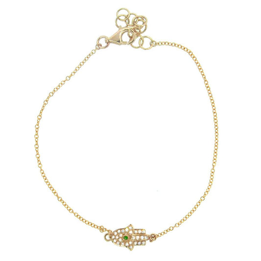 Diamond & 0.01ct Emerald 14k Yellow Gold Hamsa Bracelet