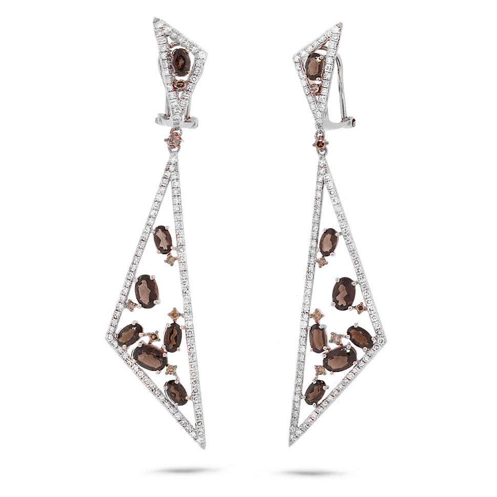 White & Champagne Diamond & 3.91ct Smokey Topaz 14k White Gold Earring - 1.92ct