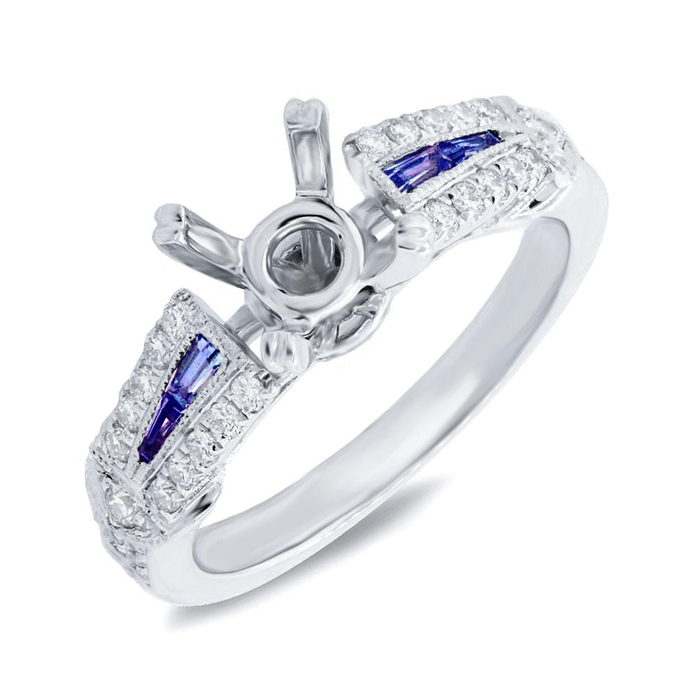 Diamond & 0.24ct Blue Sapphire 14k White Gold Semi-mount Ring - 0.32ct