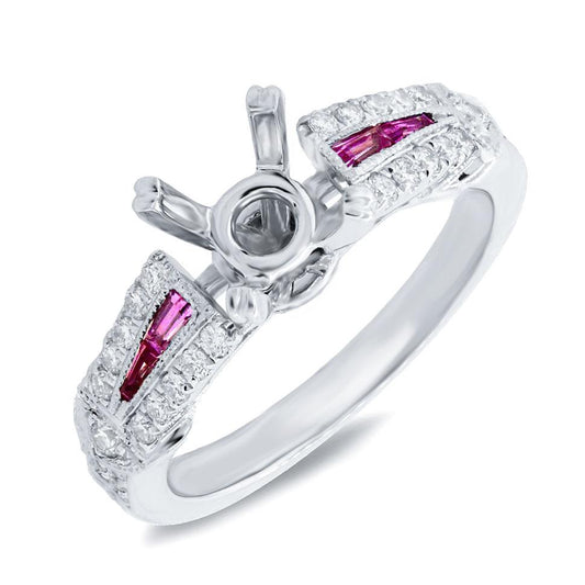 Diamond & 0.24ct Ruby 14k White Gold Semi-mount Ring - 0.32ct