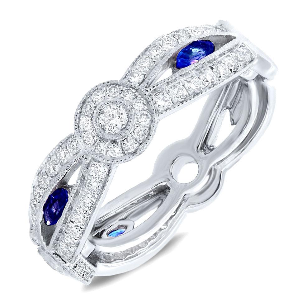 Diamond & 0.35ct Blue Sapphire 14k White Gold Lady's Ring - 0.82ct