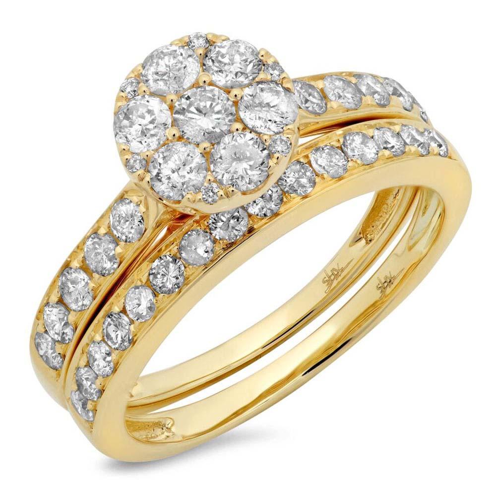 14k Yellow Gold Diamond Cluster Wedding Set - 1.25ct