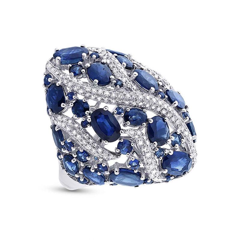 Diamond & 9.09ct Blue Sapphire 14k White Gold Ring - 0.81ct