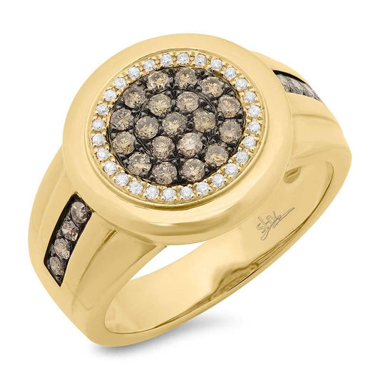 14k Yellow Gold White & Champagne Diamond Men's Ring - 0.76ct