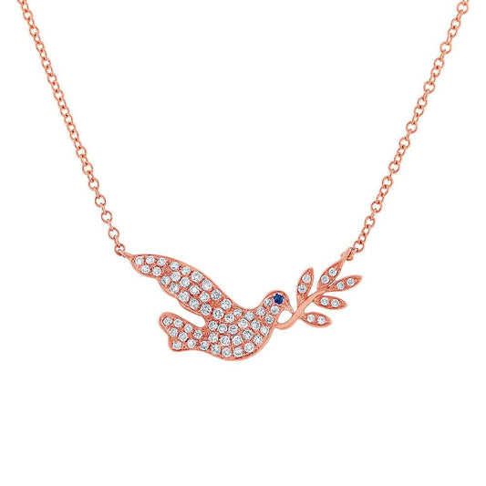 Diamond & 0.01ct Blue Sapphire 14k Rose Gold Dove Necklace
