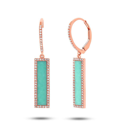 Diamond & 2.06ct Composite Turquoise 14k Rose Gold Bar Earring