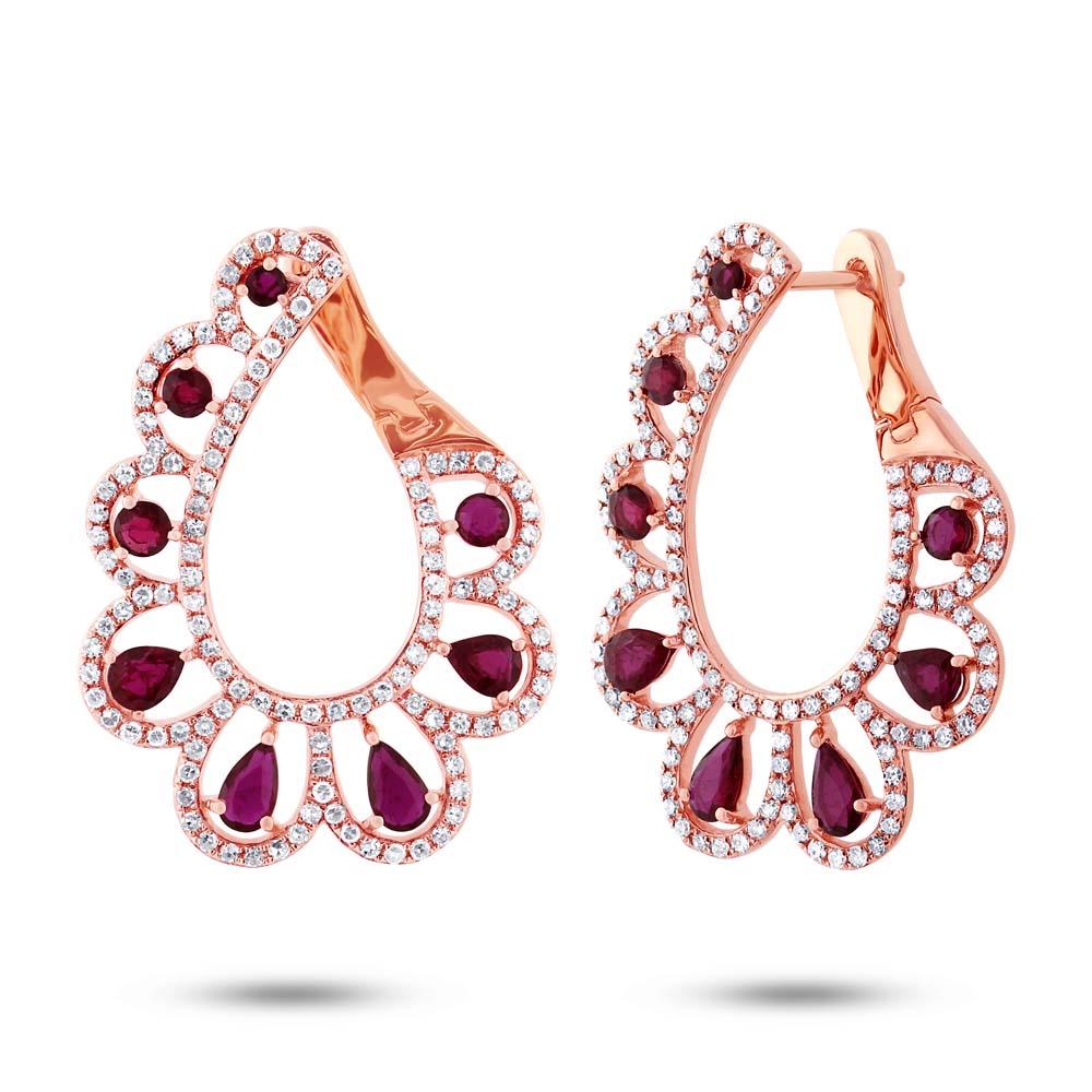 Diamond & 2.50ct Ruby 14k Rose Gold Earring - 1.18ct
