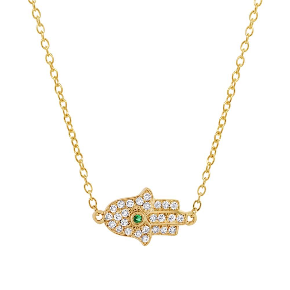 Diamond & 0.01ct Emerald 14k Yellow Gold Hamsa Necklace