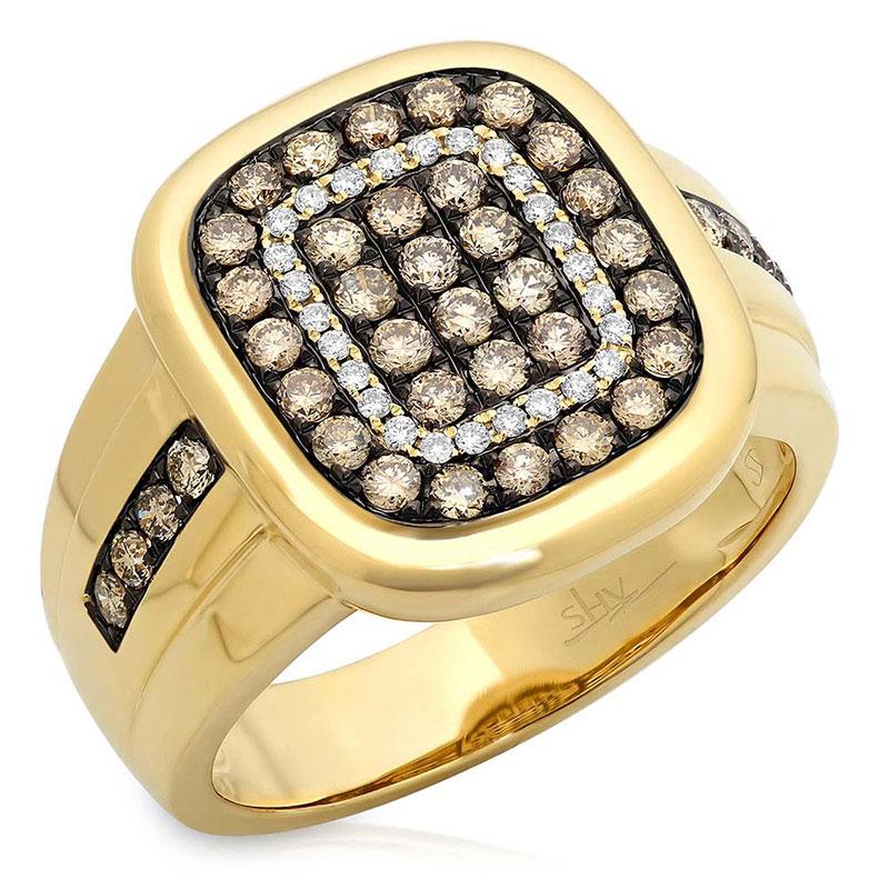 14k Yellow Gold White & Champagne Diamond Men's Ring - 1.17ct