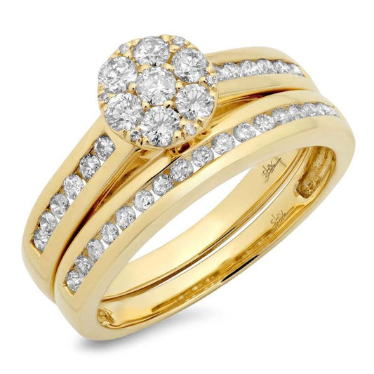 14k Yellow Gold Diamond Cluster Wedding Set - 0.76ct