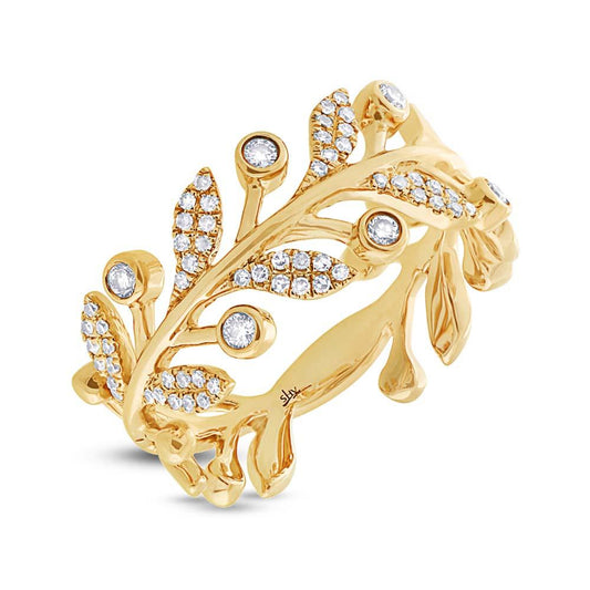 14k Yellow Gold Diamond Leaf Ring - 0.24ct
