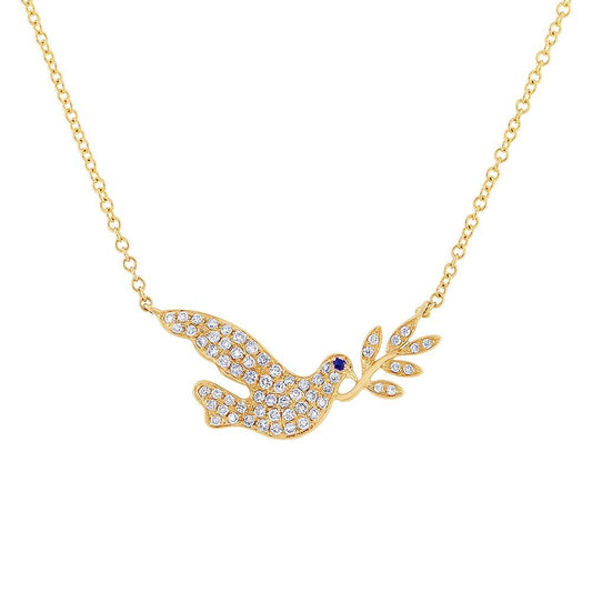 Diamond & 0.01ct Blue Sapphire 14k Yellow Gold Dove Necklace