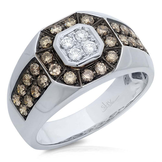 14k White Gold White & Champagne Diamond Men's Ring Size 9 - 1.18ct