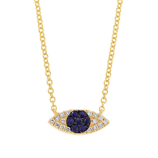 Diamond & 0.11ct Blue Sapphire 14k Yellow Gold Eye Necklace