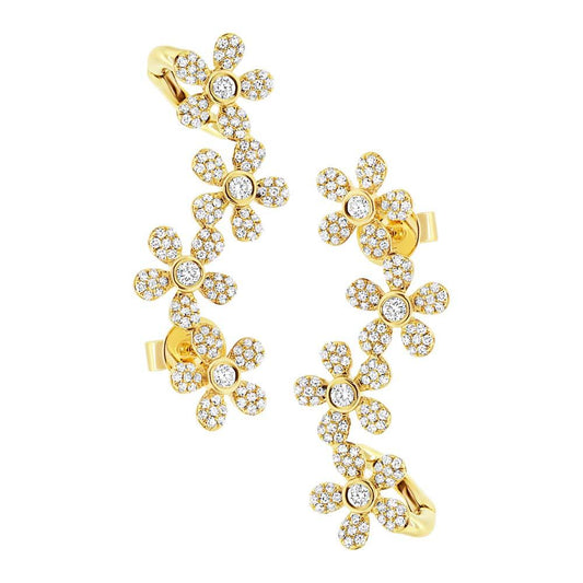 14k Yellow Gold Flower Diamond Ear Crawler Earring