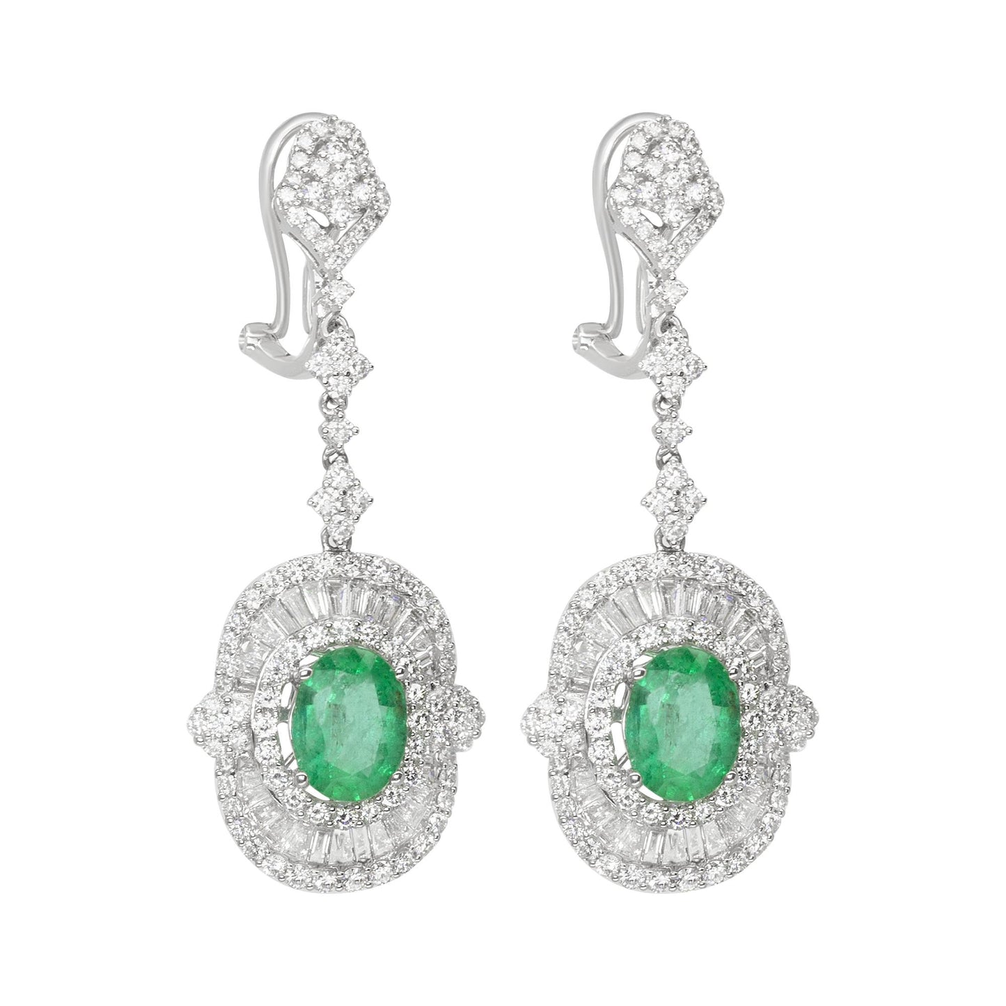 18K White Gold Diamond Emerald Earrings