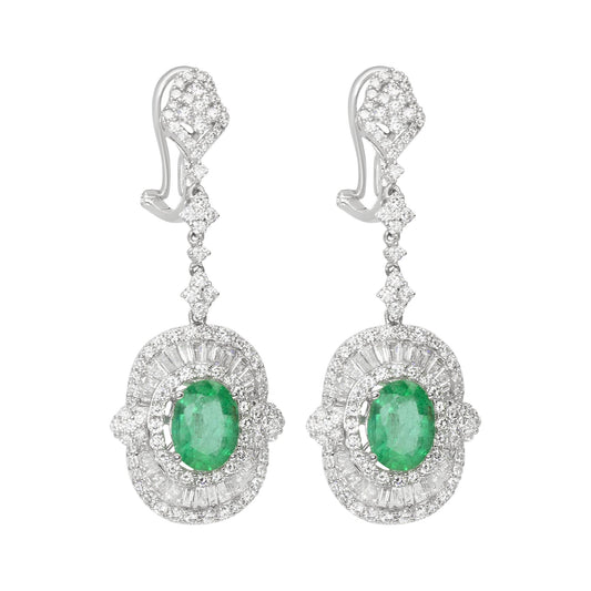 18K White Gold Diamond Emerald Earrings