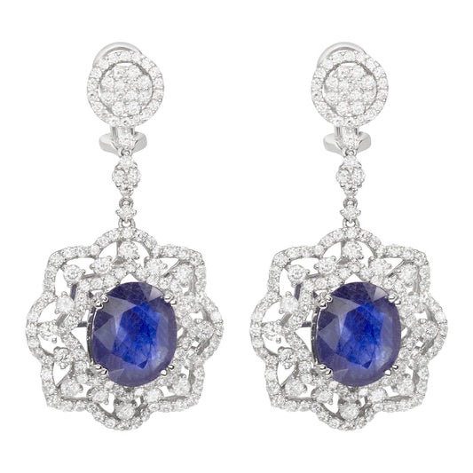 18K White Gold Diamond Blue Sapphire Earrings