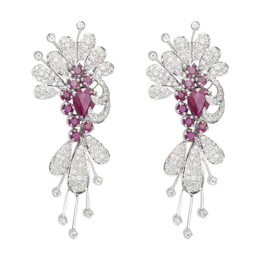 14K White Gold Diamond Ruby Earrings