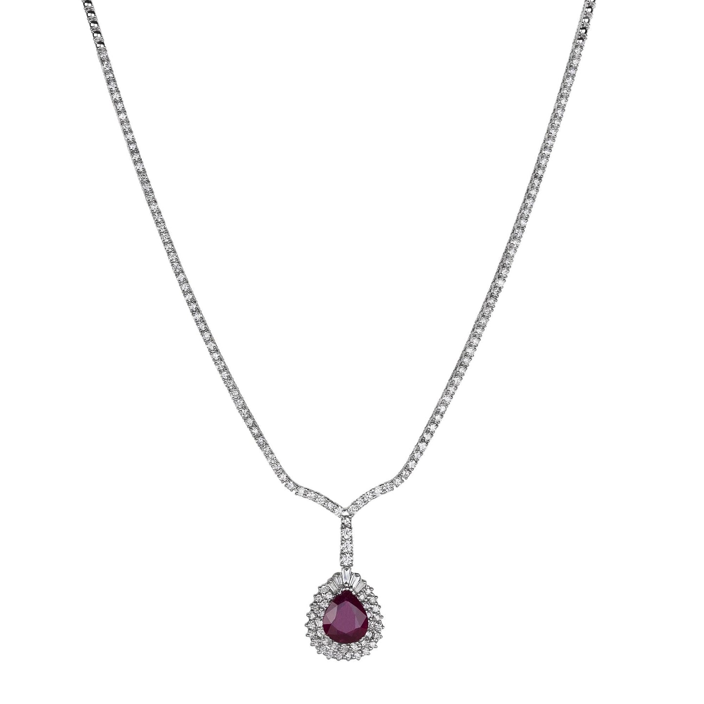 18K Classy White Gold  Diamond  Ruby Necklace V0070