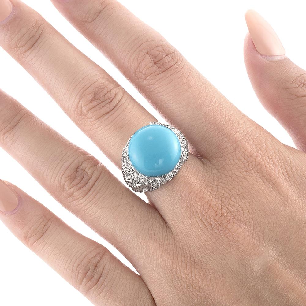 14K White Gold Diamond Turquoise Lady's Ring V0300