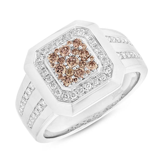 14k White Gold White & Champagne Diamond Men's Ring - 0.86ct
