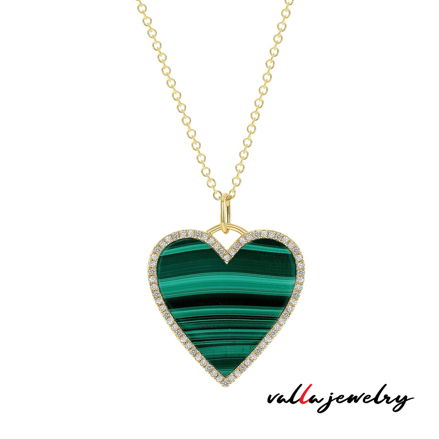 14k Yellow Gold Green Malachite Heart Necklace With Diamonds V0216