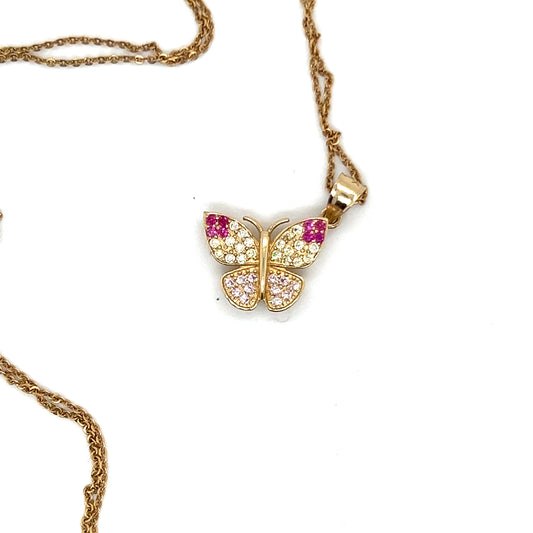 14K Yellow Gold Butterfly Pendant With White And Pink Sapphire