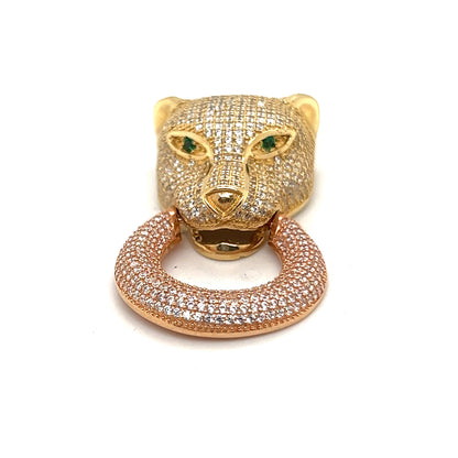 Panther Pendant Two Tone Yellow Gold and White Gold  With Sapphire and Green Emerald