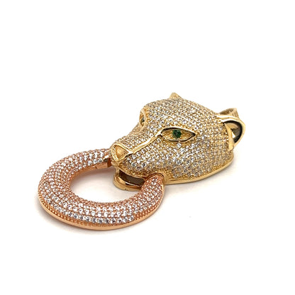 Panther Pendant Two Tone Yellow Gold and White Gold  With Sapphire and Green Emerald