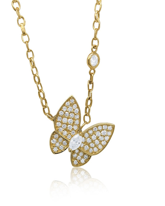 14K Yellow Gold Diamond Butterfly Pendant With Chain V0375