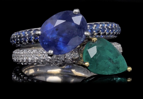 Sapphire Ring 18k White Gold Diamond with Emerald Birthstone V0318
